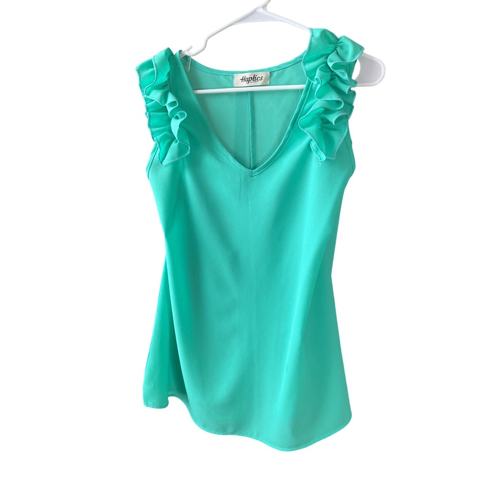 Haptics Womens Ruffle Shoulder V-Neck Sleeveless Blouse Mint Green Top